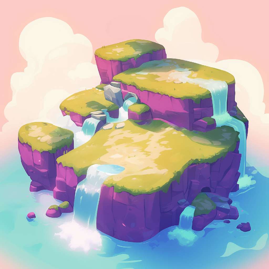 A cartoon-style floating island with grassy terrain and waterfalls