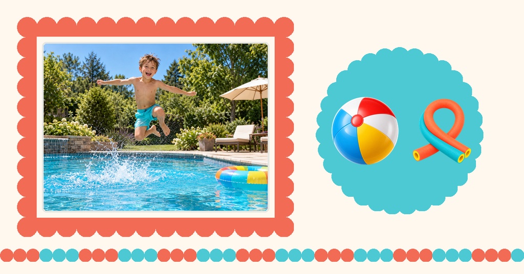 Pool party birthday cover with a child jumping into a swimming pool and colorful beach ball graphics