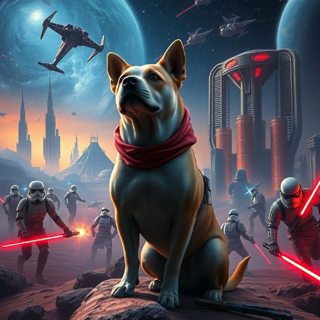 Star Wars battle scene with spaceships and characters on a desert planet