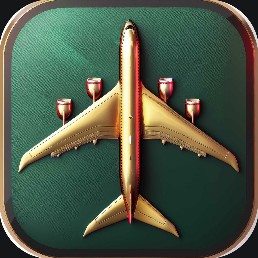 Gold airplane icon on green background with red accents