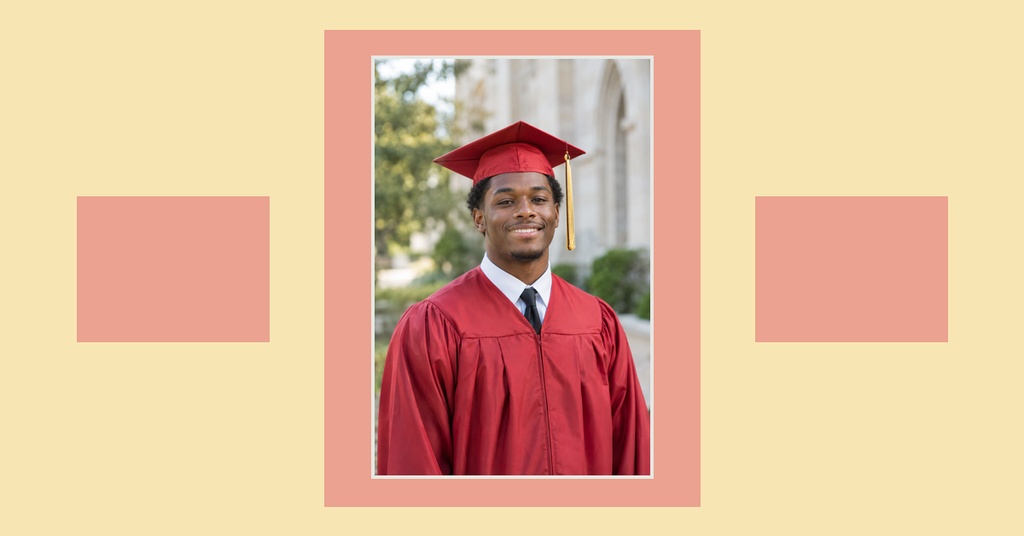 Graduate portrait in red cap and gown centered on a colorful landscape cover template.