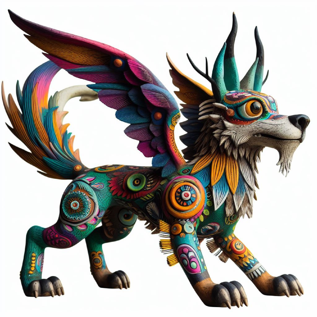 A colorful, intricately designed wolf sculpture with alebrijes patterns