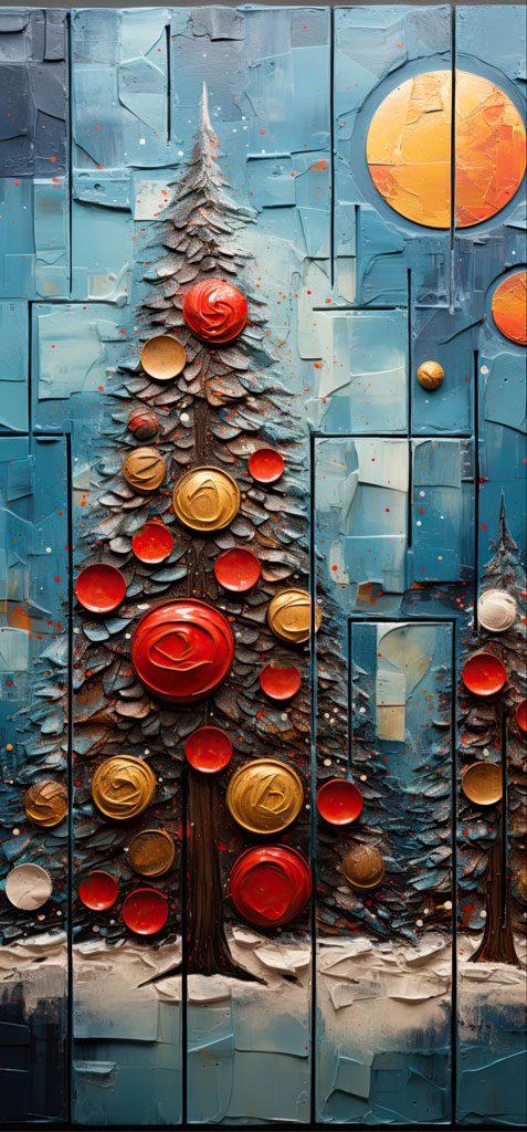 A multi-panel artwork depicting a Christmas tree with red and gold ornaments against a blue background.