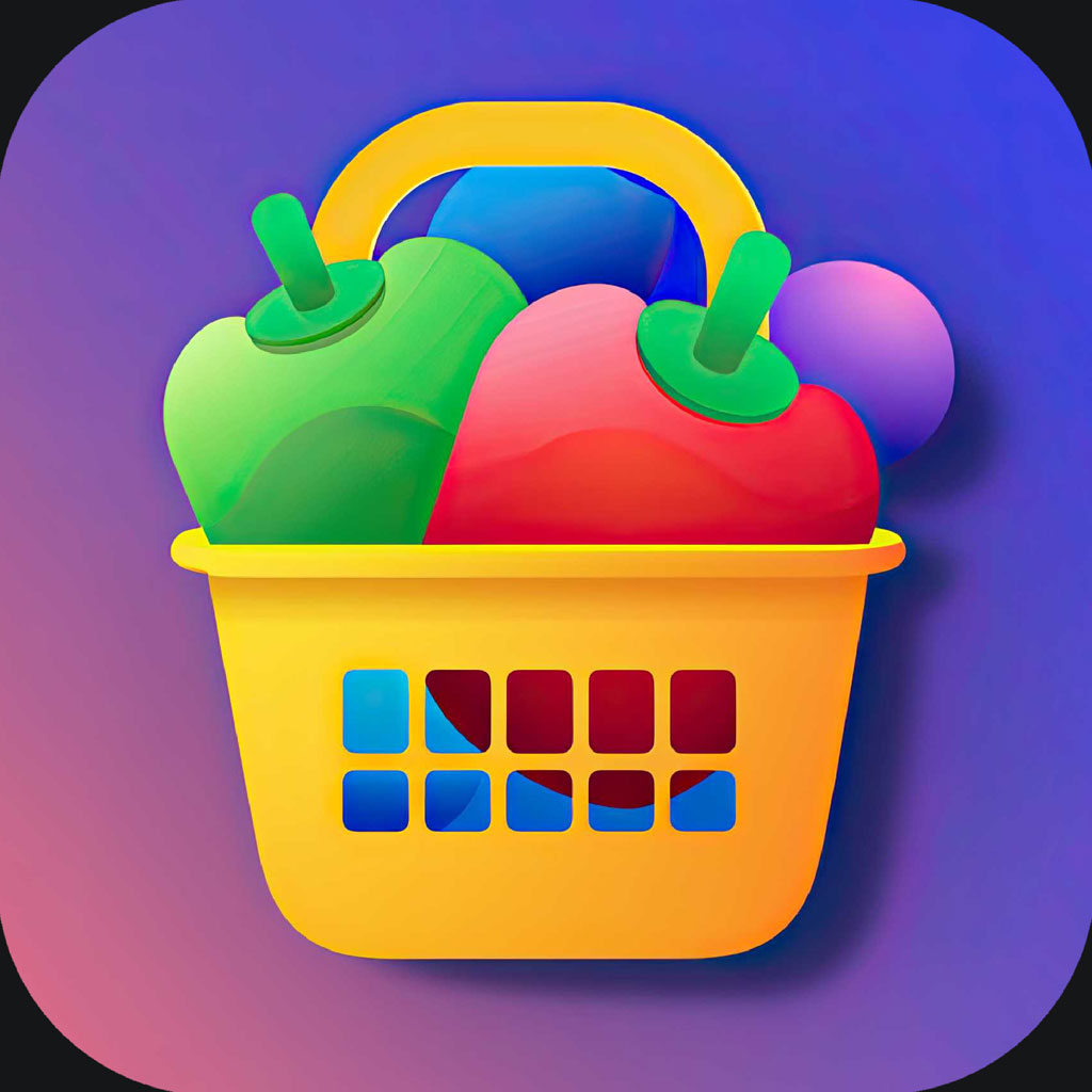 A yellow shopping basket with colorful objects inside