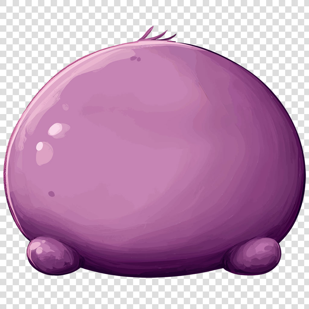 A cartoon creature with a round, purple body and small legs.