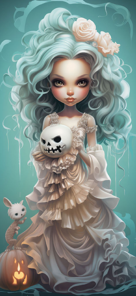 A girl with long, curly blue hair and a white dress holding a skull, with a jack-o-lantern and small creature nearby.