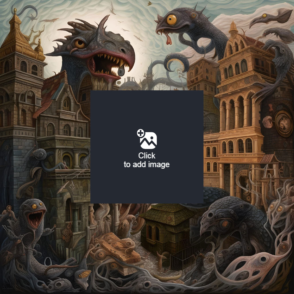 Fantasy cityscape with dragons and sea creatures attacking buildings