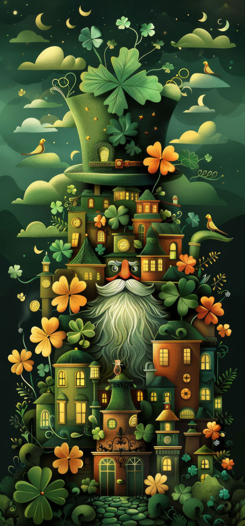 Illustration of a magical leprechaun village with buildings and flowers under a starry night sky
