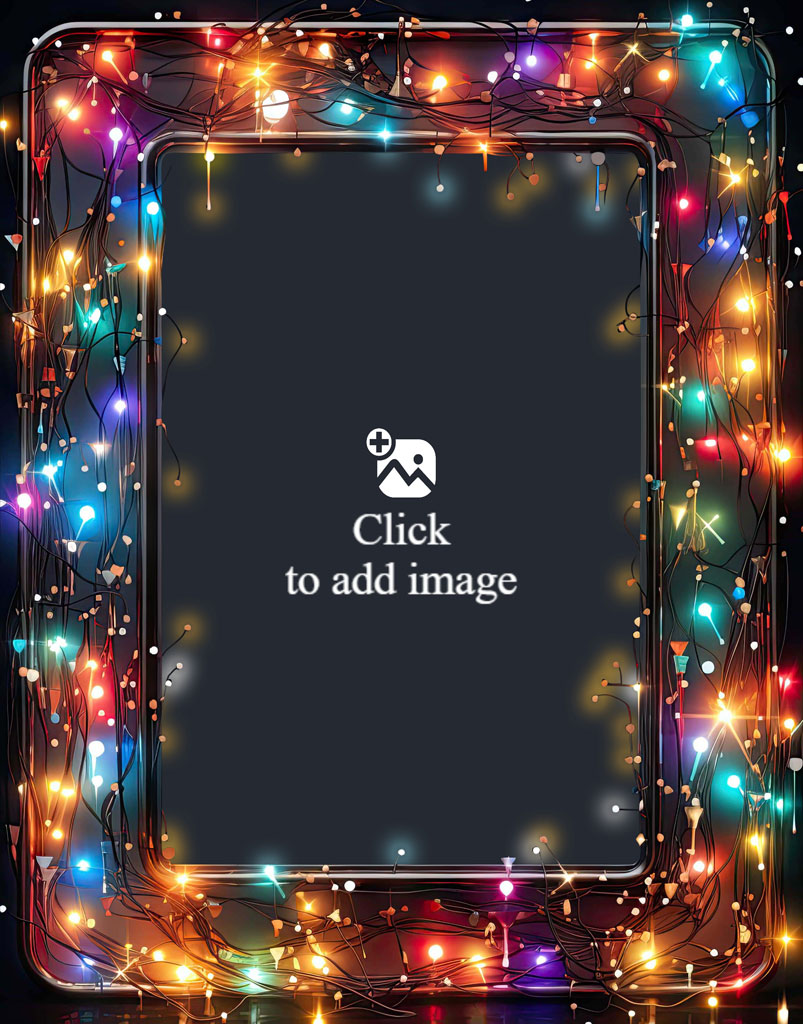 A family of four posing together in a photo surrounded by a border of colorful Christmas lights