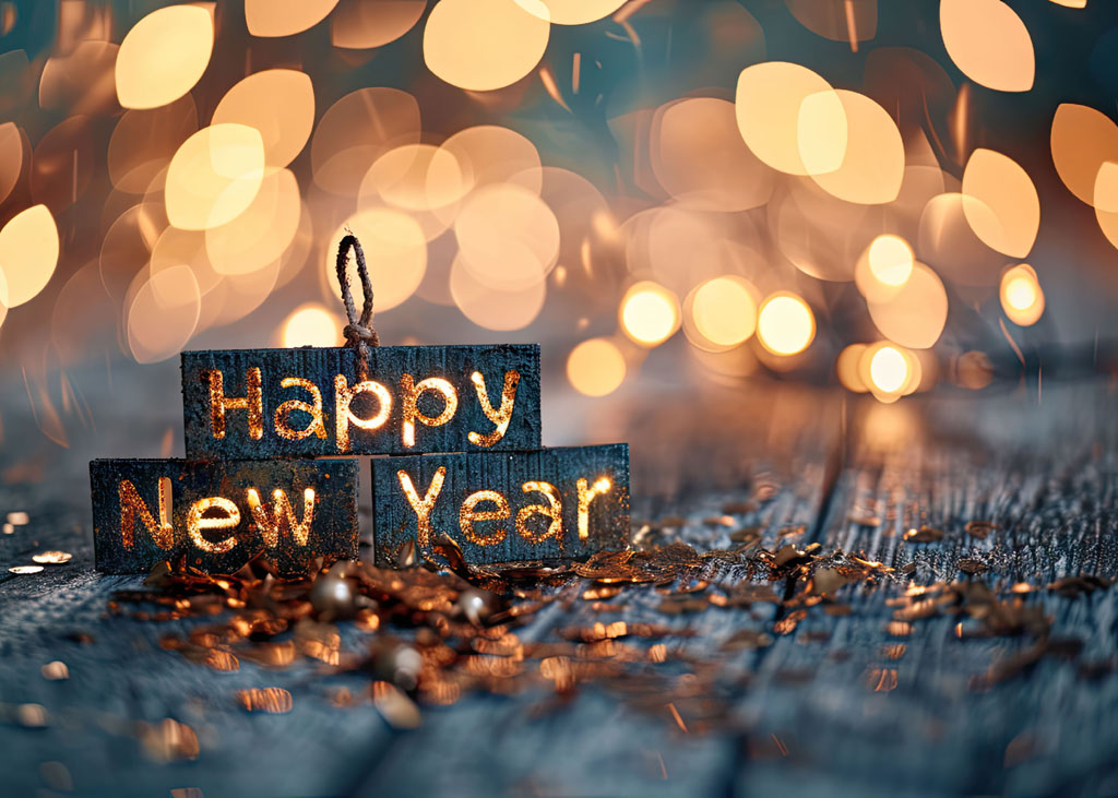 Happy New Year wooden blocks with golden lights