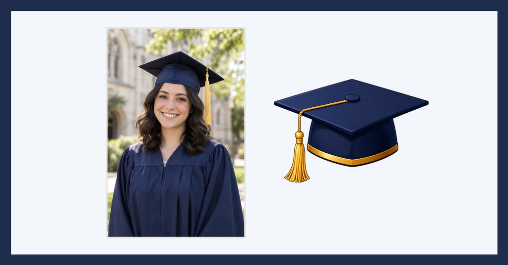 Smiling graduate in cap and gown next to a navy graduation cap illustration on a light background