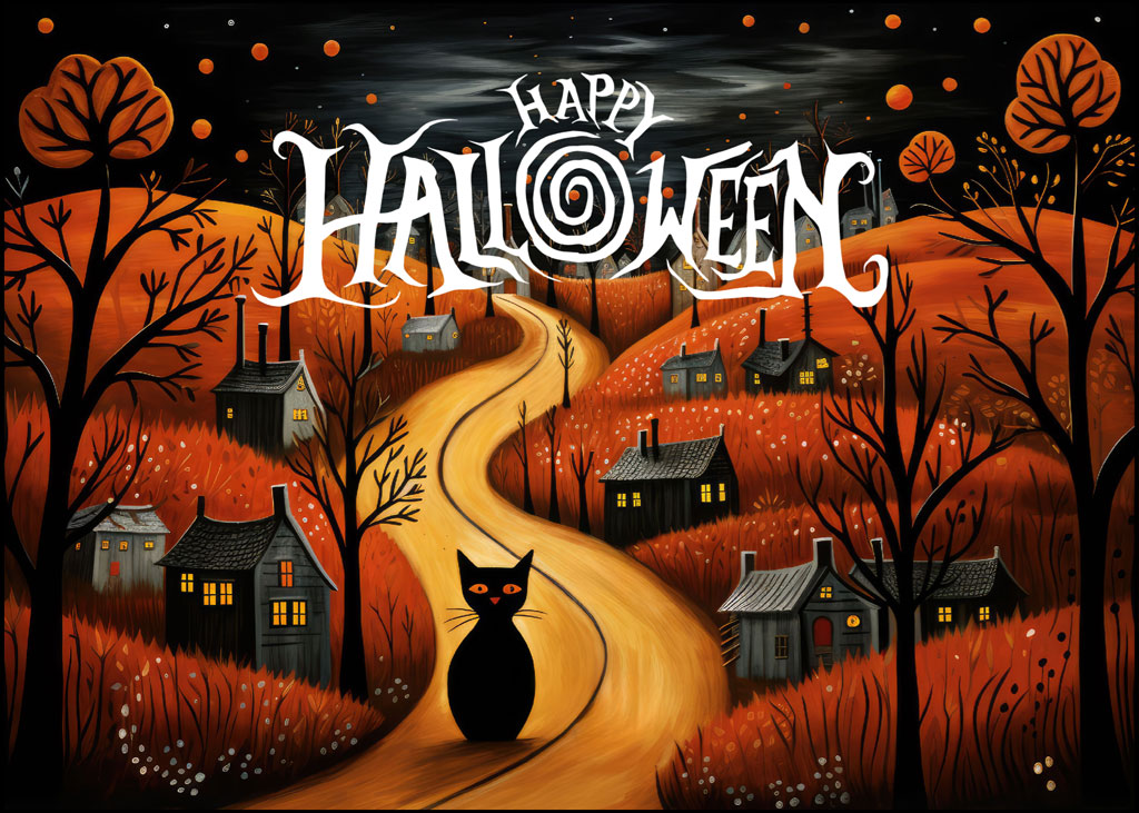 A black cat on a winding road surrounded by houses and trees on a Halloween night