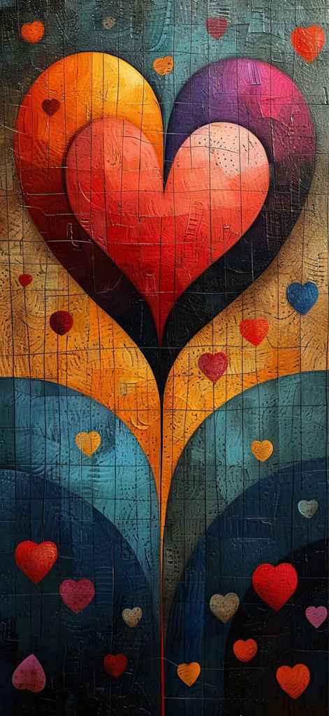 A large heart with a gradient of colors surrounded by smaller hearts on a textured background.