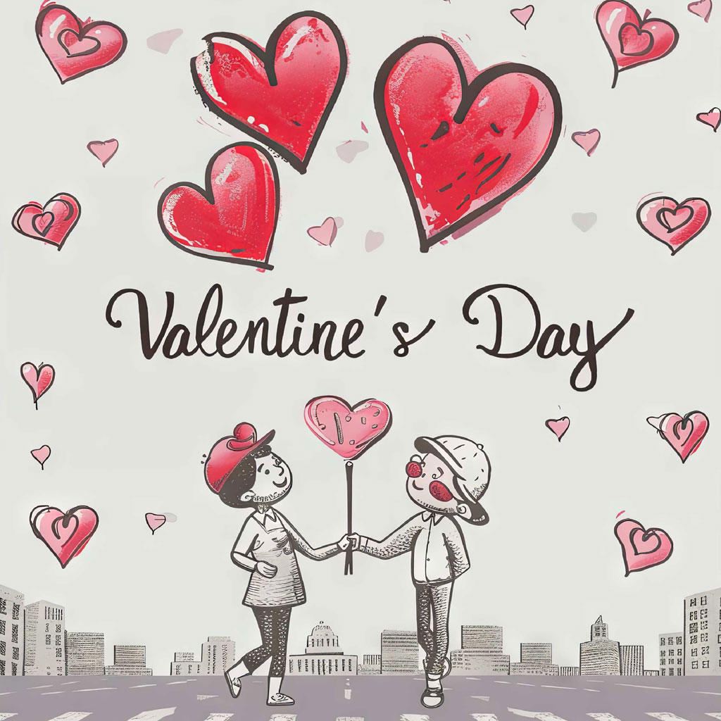 Cartoon couple holding heart-shaped balloons on Valentine's Day
