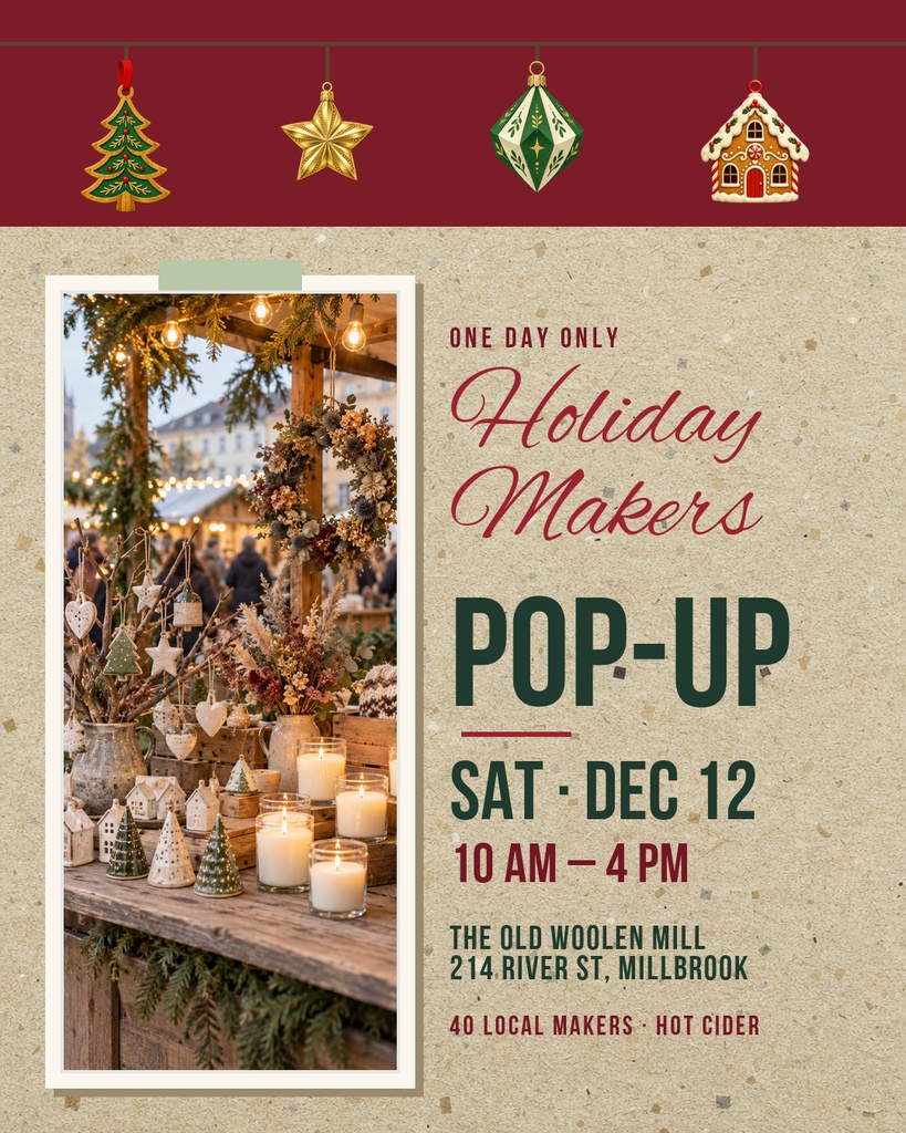 Portrait event poster with a festive market photo and holiday pop-up details.