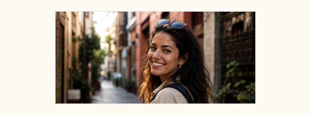 Smiling woman standing on a city street with blurred buildings in the background.