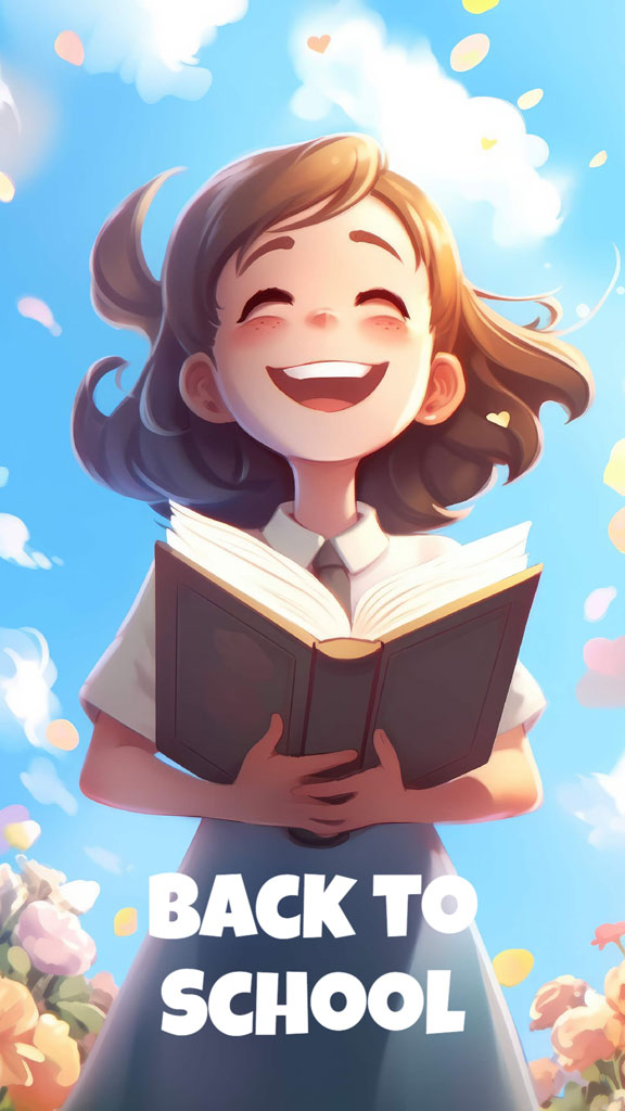 Cartoon girl reading a book with a happy expression