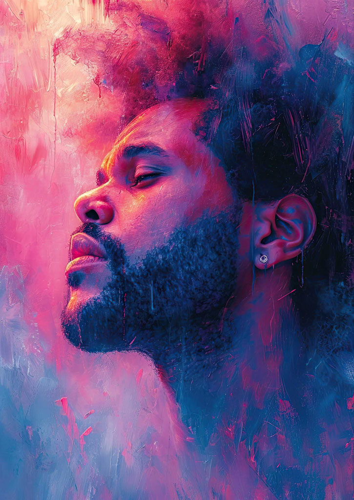 A close-up portrait of a man with his eyes closed, surrounded by vibrant pink and blue hues.
