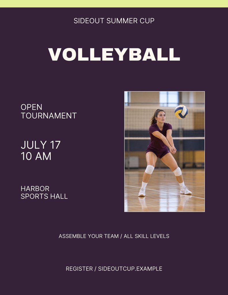 Portrait volleyball flyer with a player photo, event title, date, time, and tournament details on a dark background.