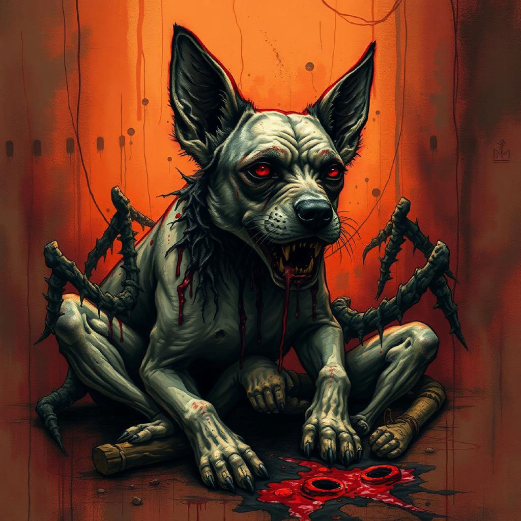 A man with blood on his face and shirt, surrounded by arrows.