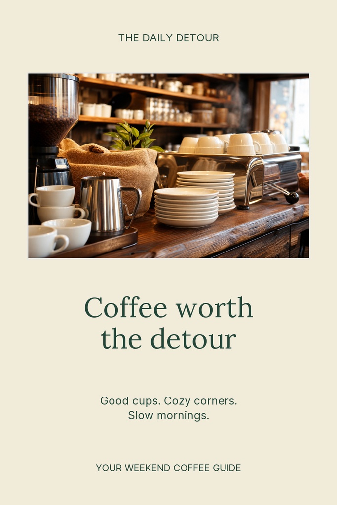 Portrait pin with coffee shop counter photo and text reading Coffee worth the detour.