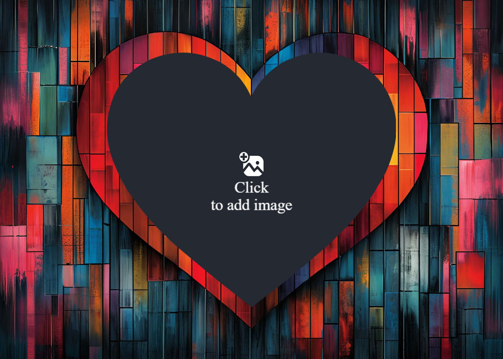 A black heart shape outlined by a mosaic of red, blue, and orange tiles.