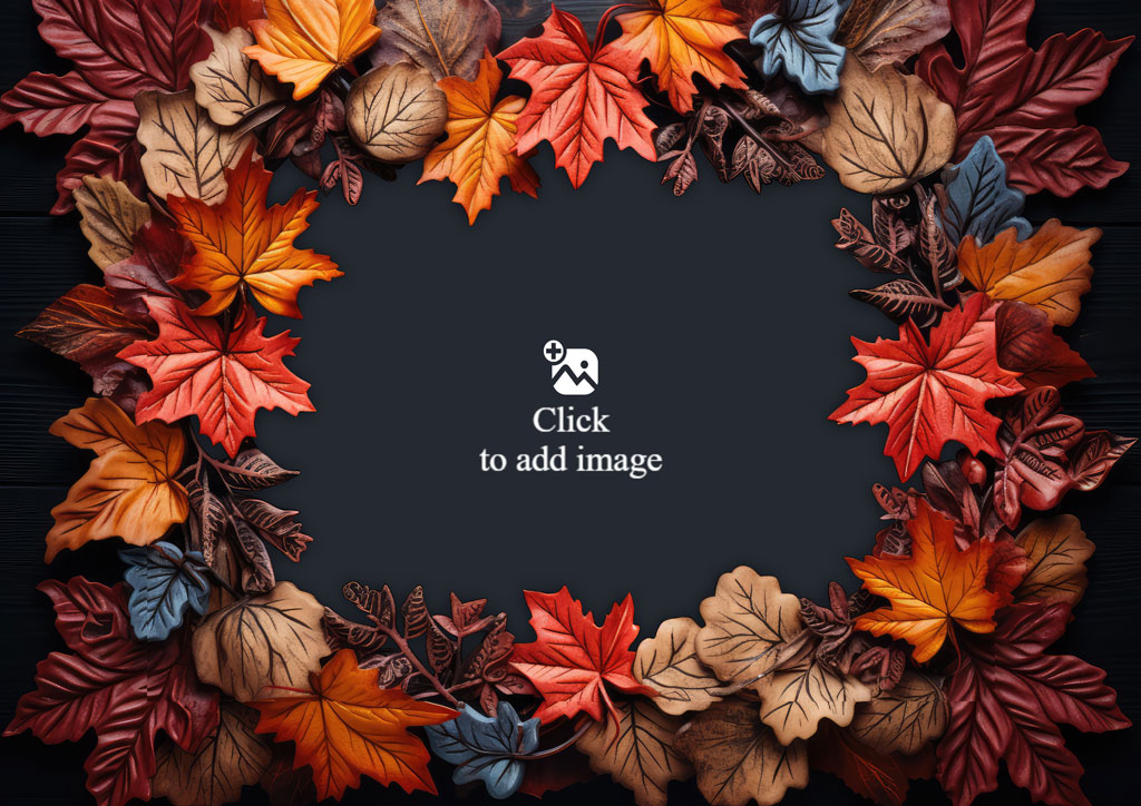 Colorful autumn leaves arranged in a frame on a dark background.