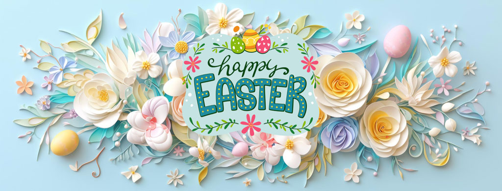 Happy Easter greeting surrounded by flowers and eggs