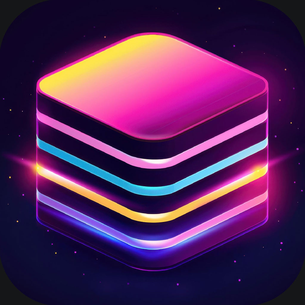 A 3D layered graphic with neon lights in pink, blue, and yellow against a dark background.