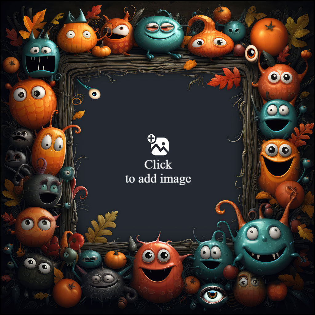 A Halloween-themed frame with cartoon monsters and pumpkins.