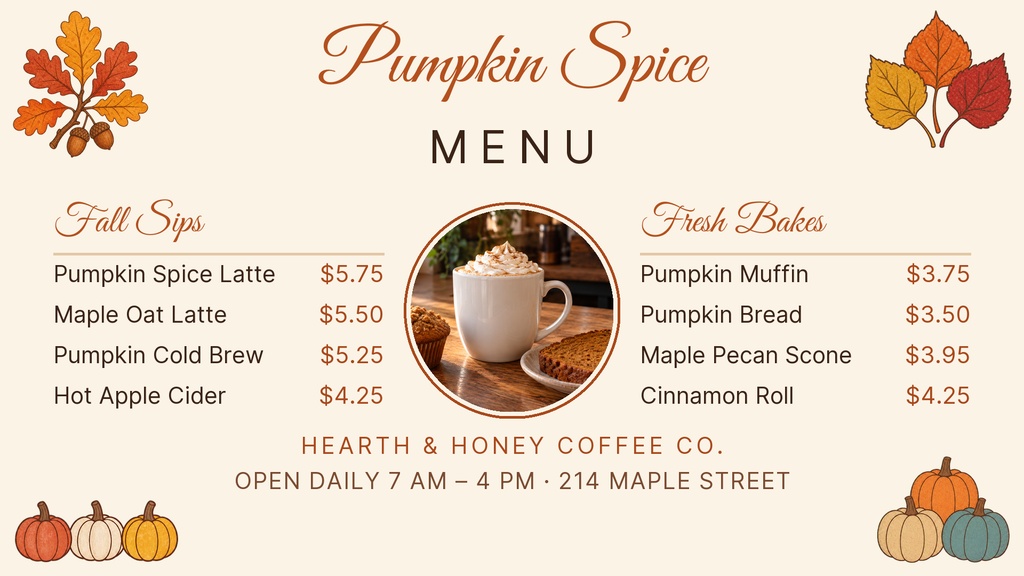 Preview for The Pumpkin Spice Menu Digital Menu Board Template