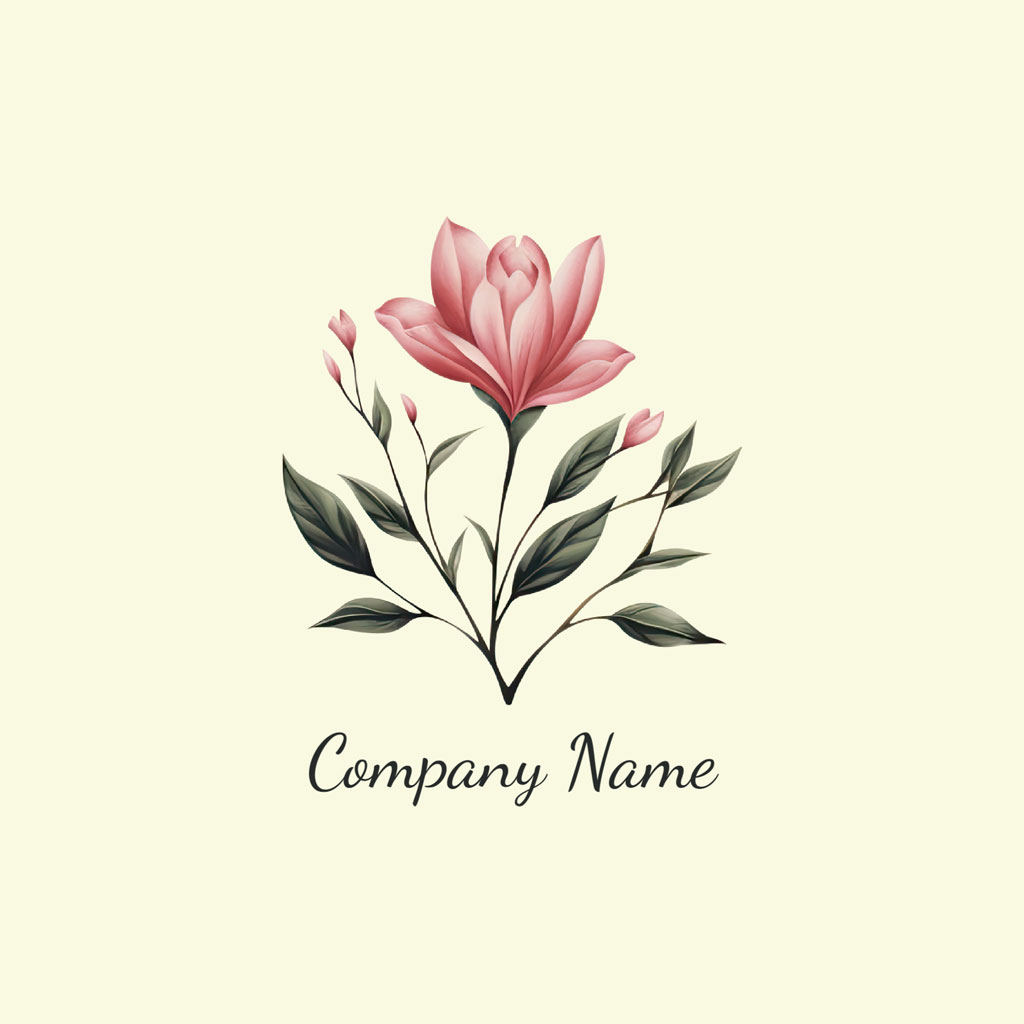 A minimalist logo template with a pink magnolia flower and green leaves on a cream background.