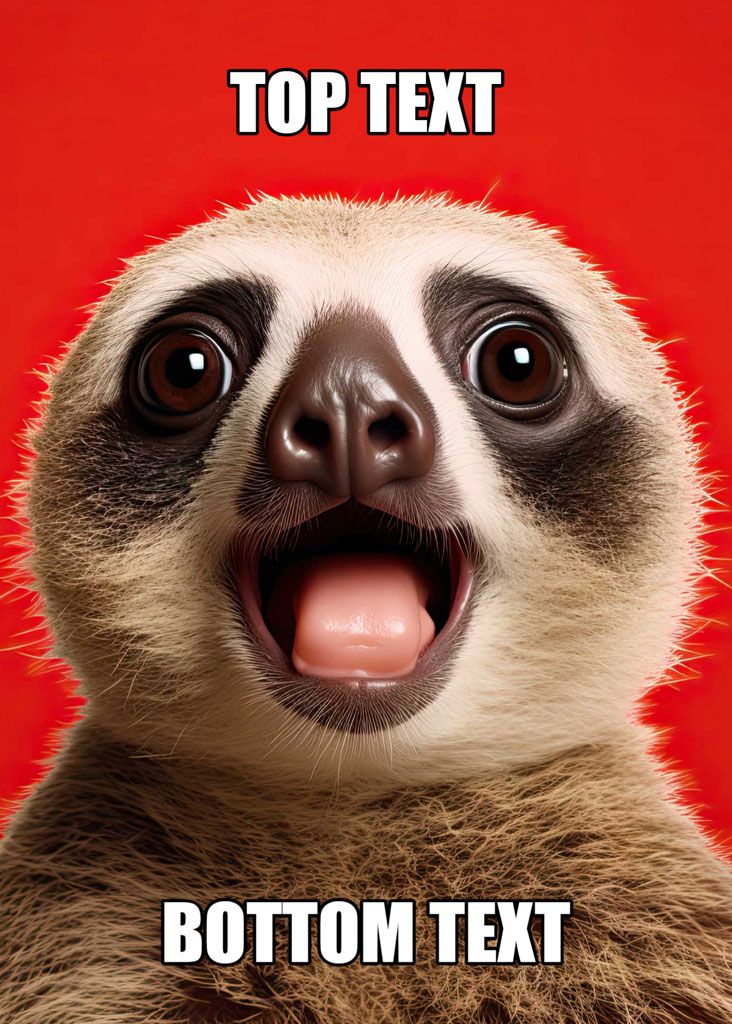 A surprised sloth with its mouth open and tongue out against a red background