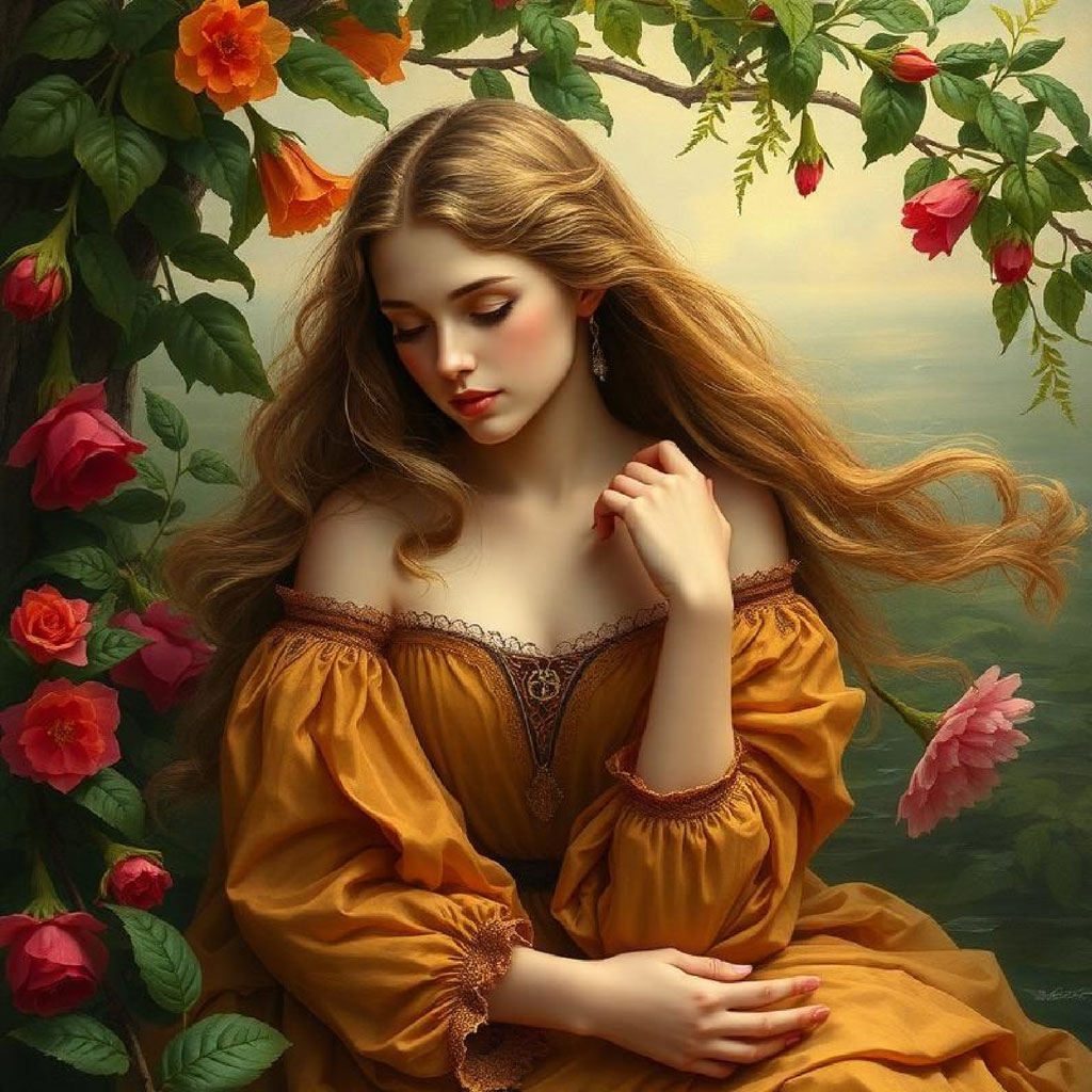 A woman with long blonde hair wearing a yellow off-the-shoulder dress, surrounded by roses and greenery.