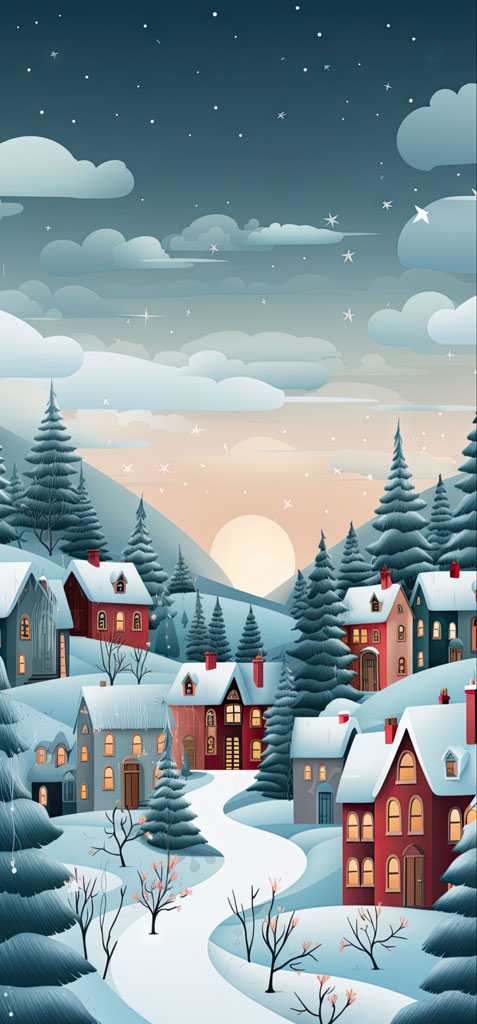 Illustration of a snowy village at night with houses and trees