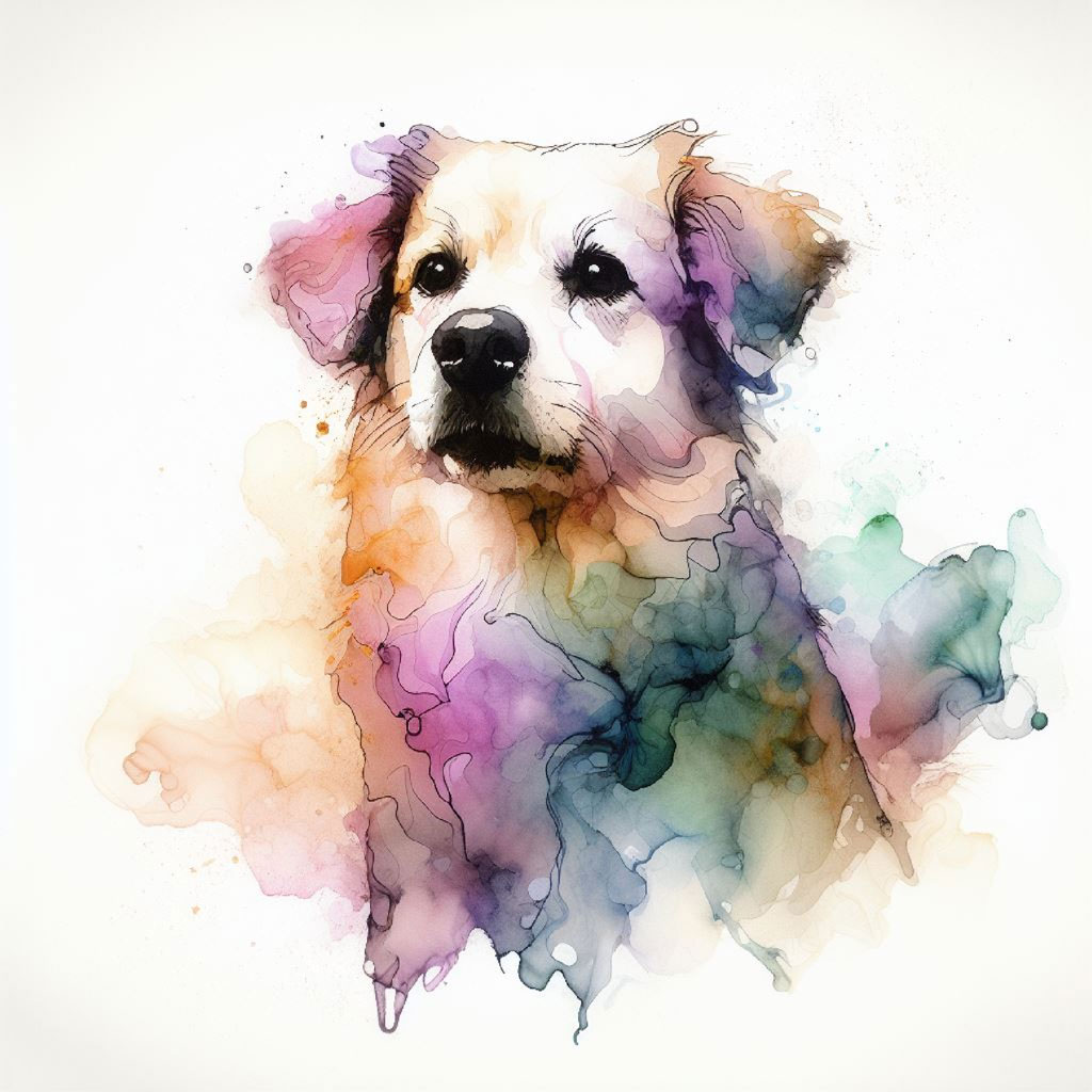 A stylized dog with multicolored fur against a pink and orange background