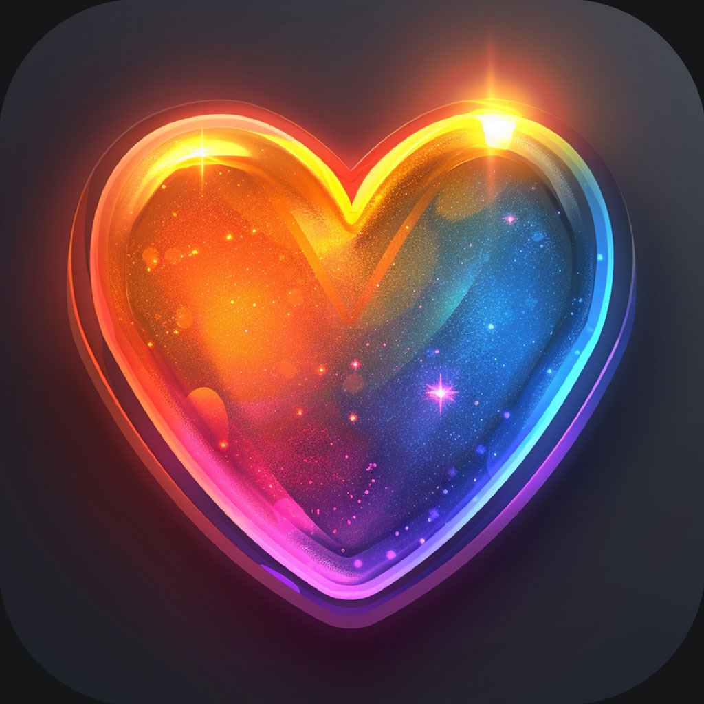 Glowing rainbow heart icon on a dark background