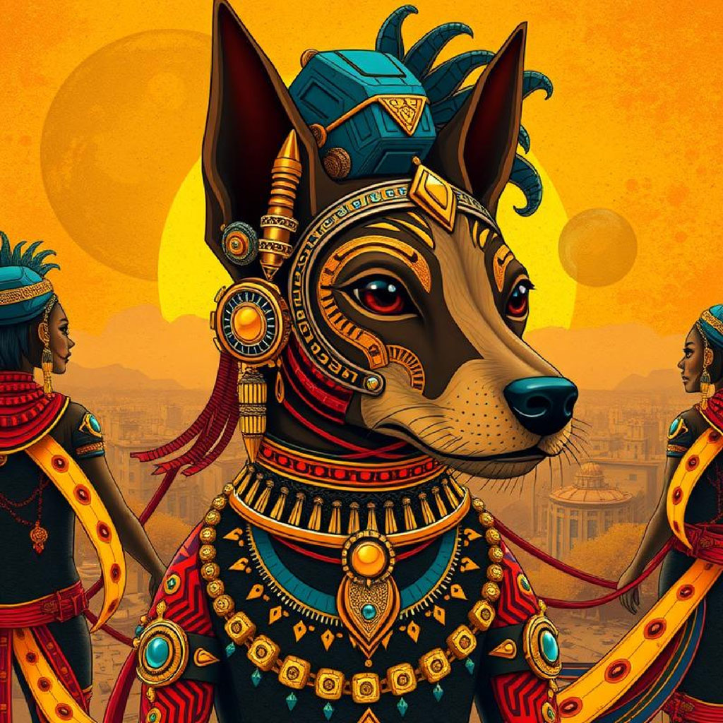 Digital portrait of a woman with dark skin and braided hair, wearing ornate African jewelry and clothing.