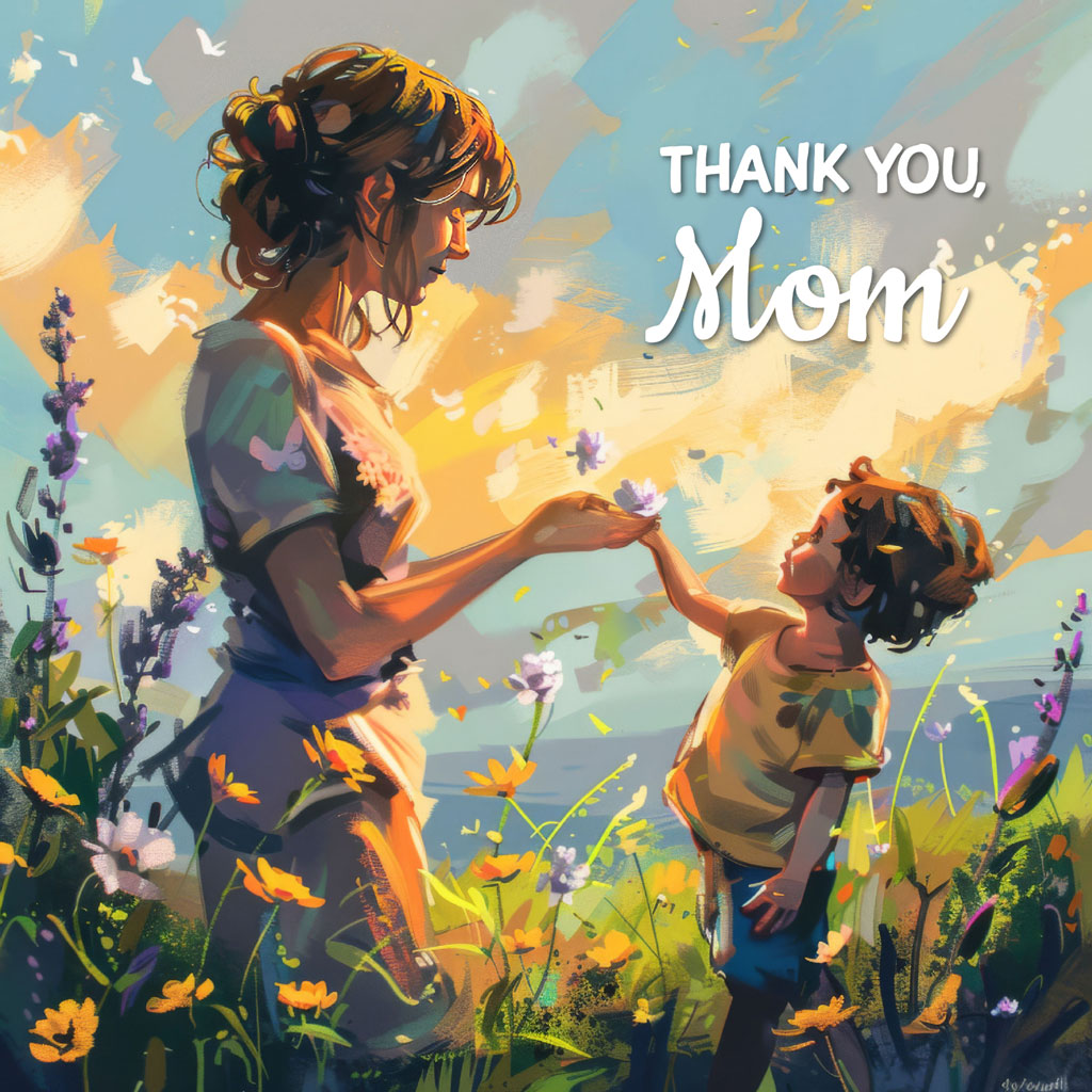 Illustration of a mother and child exchanging flowers in a vibrant field