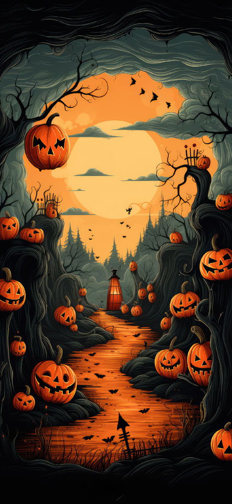 A spooky Halloween path with jack-o'-lanterns and twisted trees under a full moon.