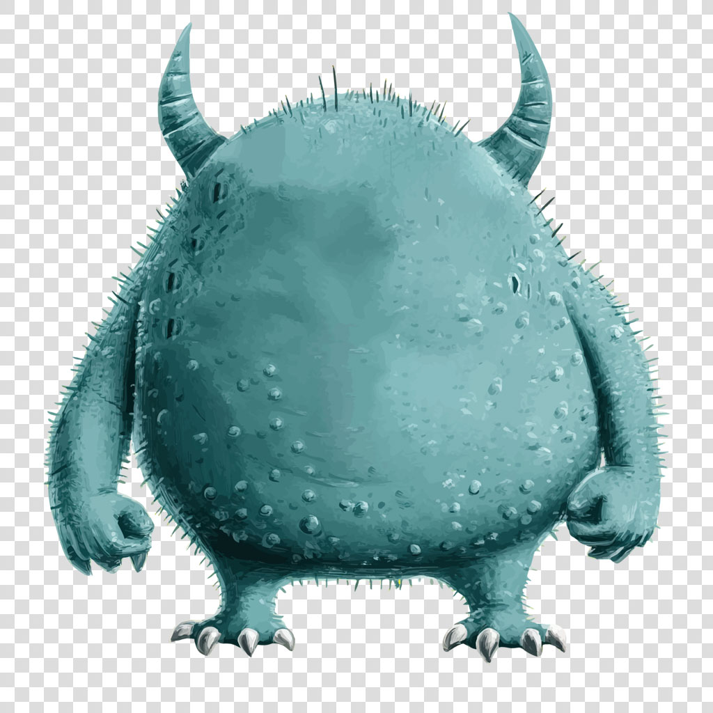 A cartoon monster with a round body, horns, and spikes.