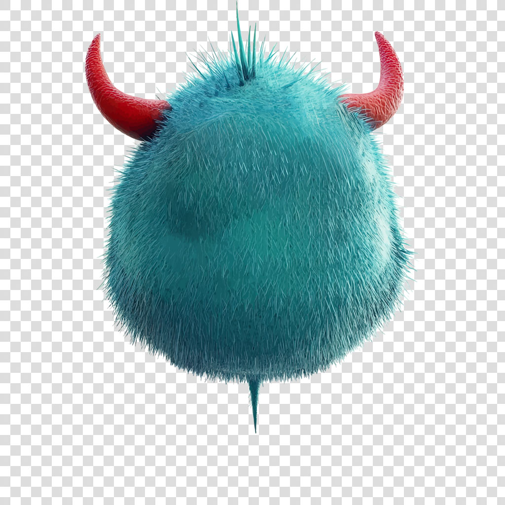 A blue, furry monster with red horns and a spiky tail.