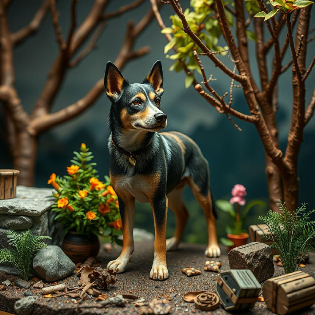 A 3D rendered boy in a green jacket standing next to a dog wearing a green collar, in front of a stone wall.