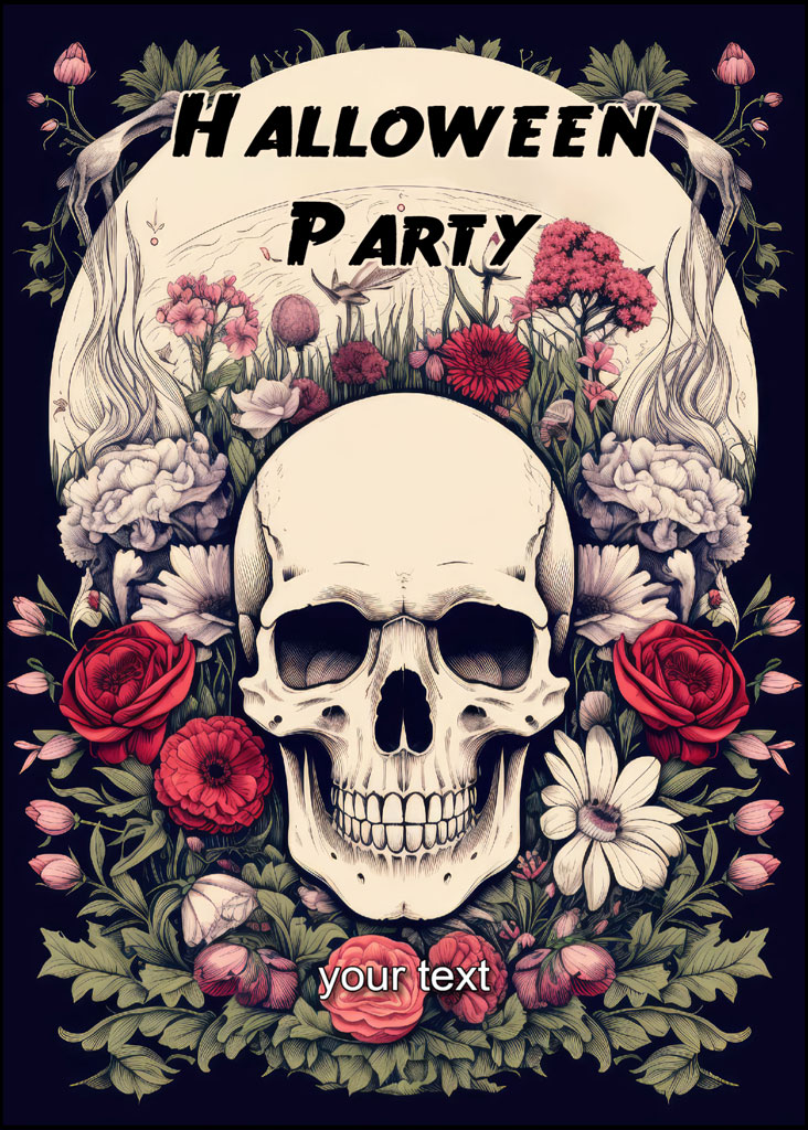 Halloween party invitation with a skull and floral design