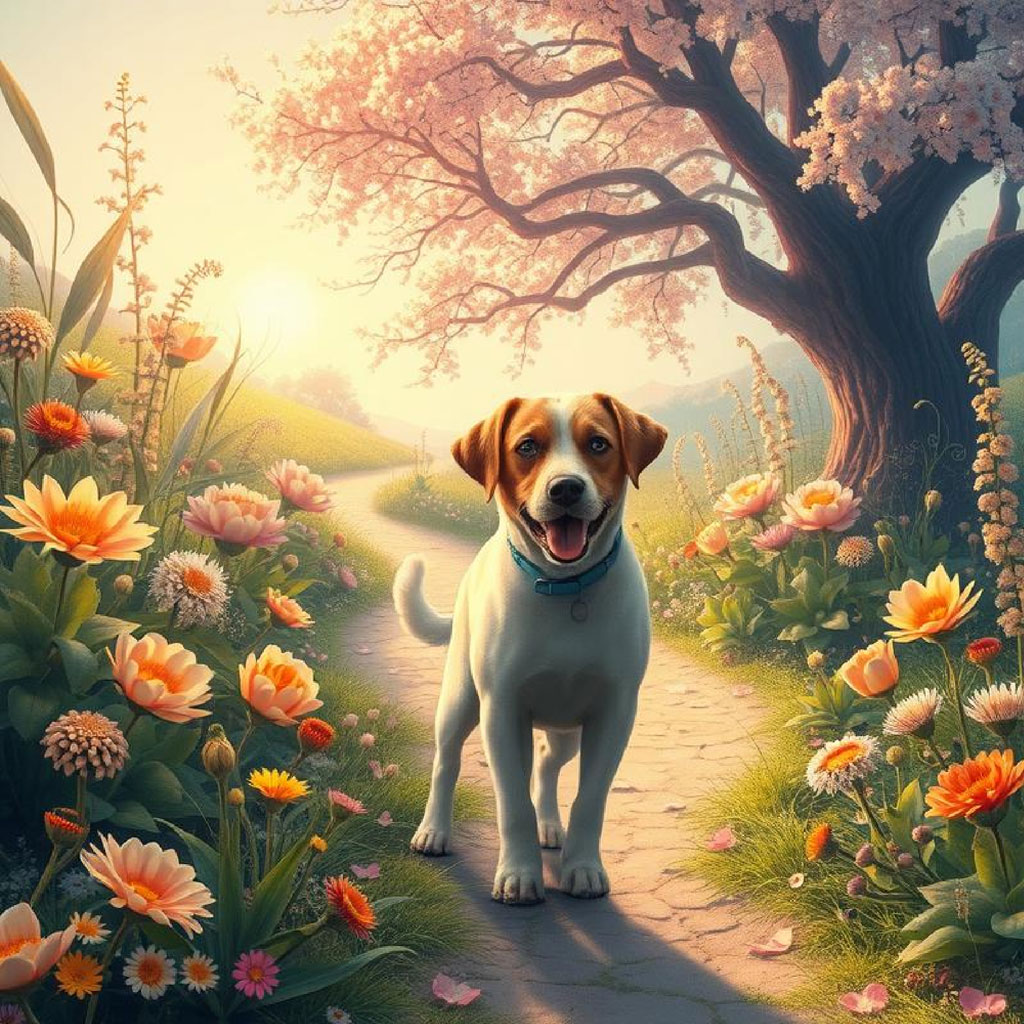 A white dog with brown ears and a blue collar standing on a brick path surrounded by vibrant flowers and a blooming tree.
