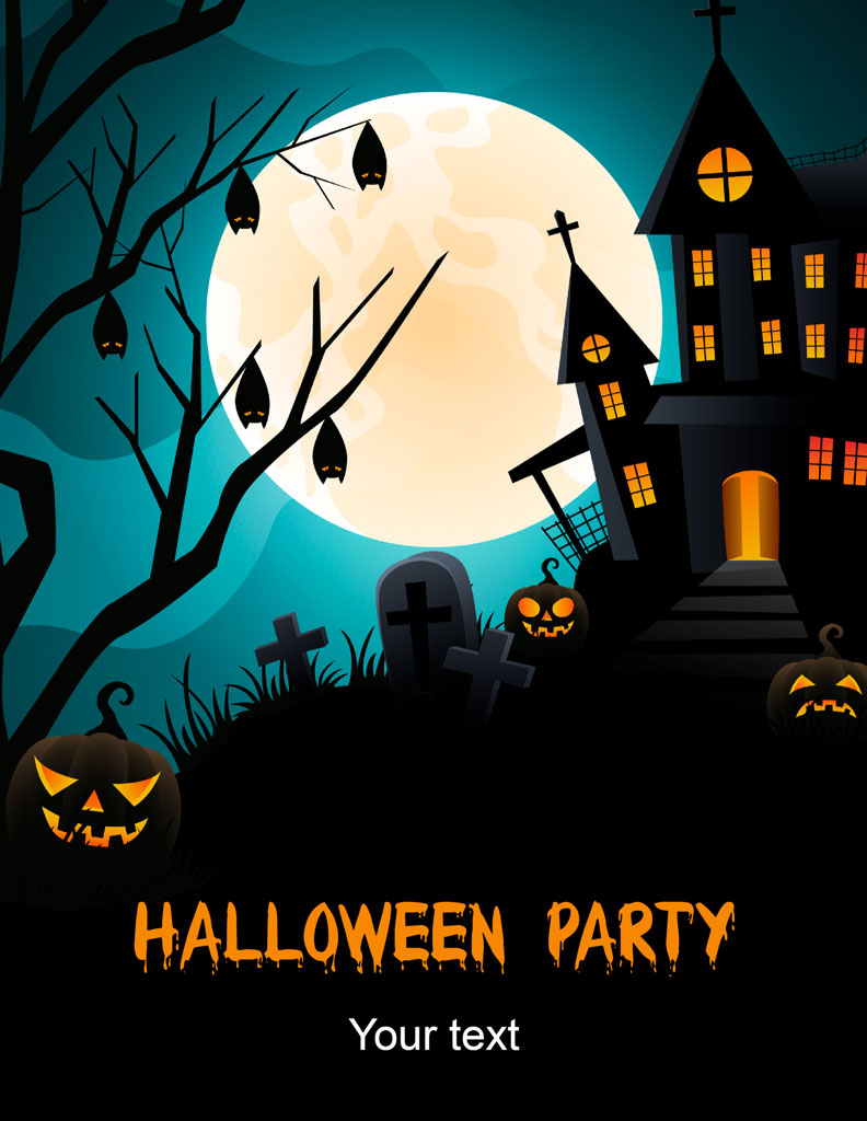 Halloween party invitation with a haunted house and pumpkins