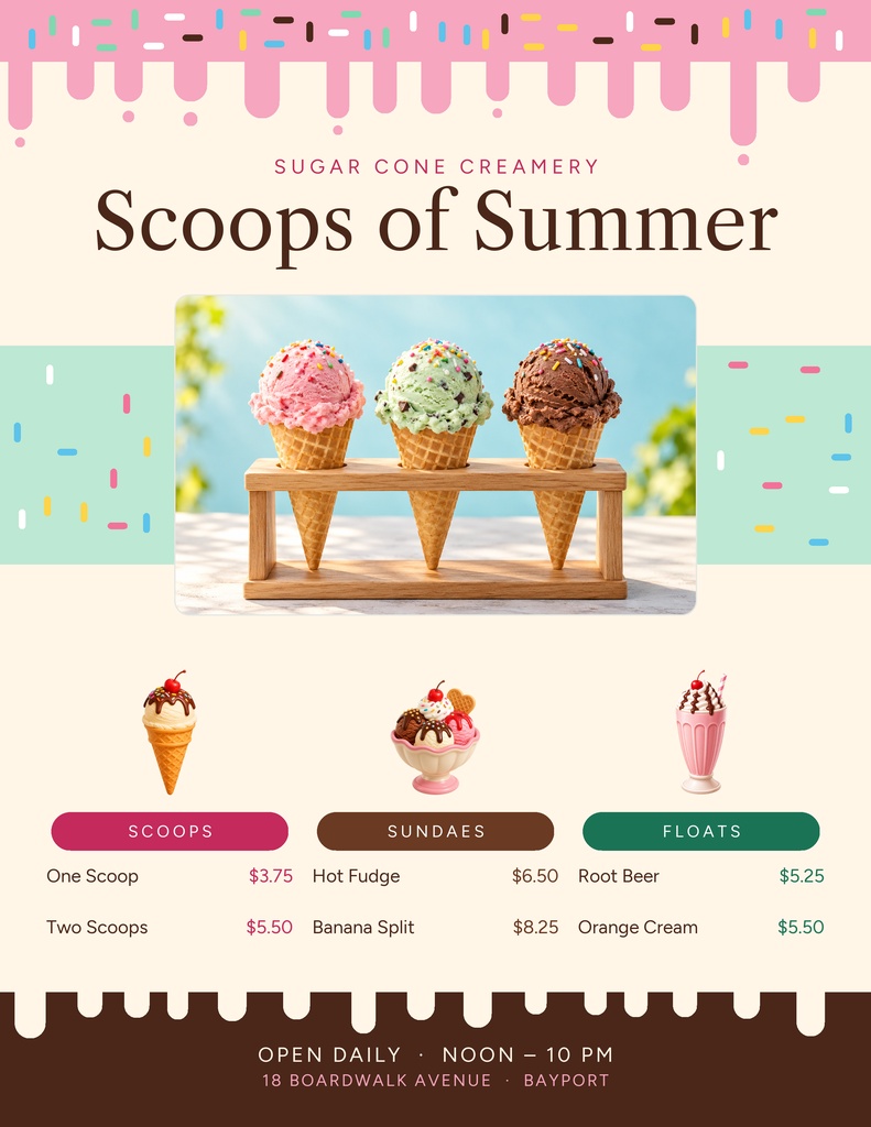 Preview for Scoops Of Summer Letter Menu / Price List Template