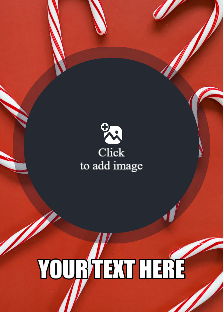 Candy canes arranged around a dark blue circle on a red background.