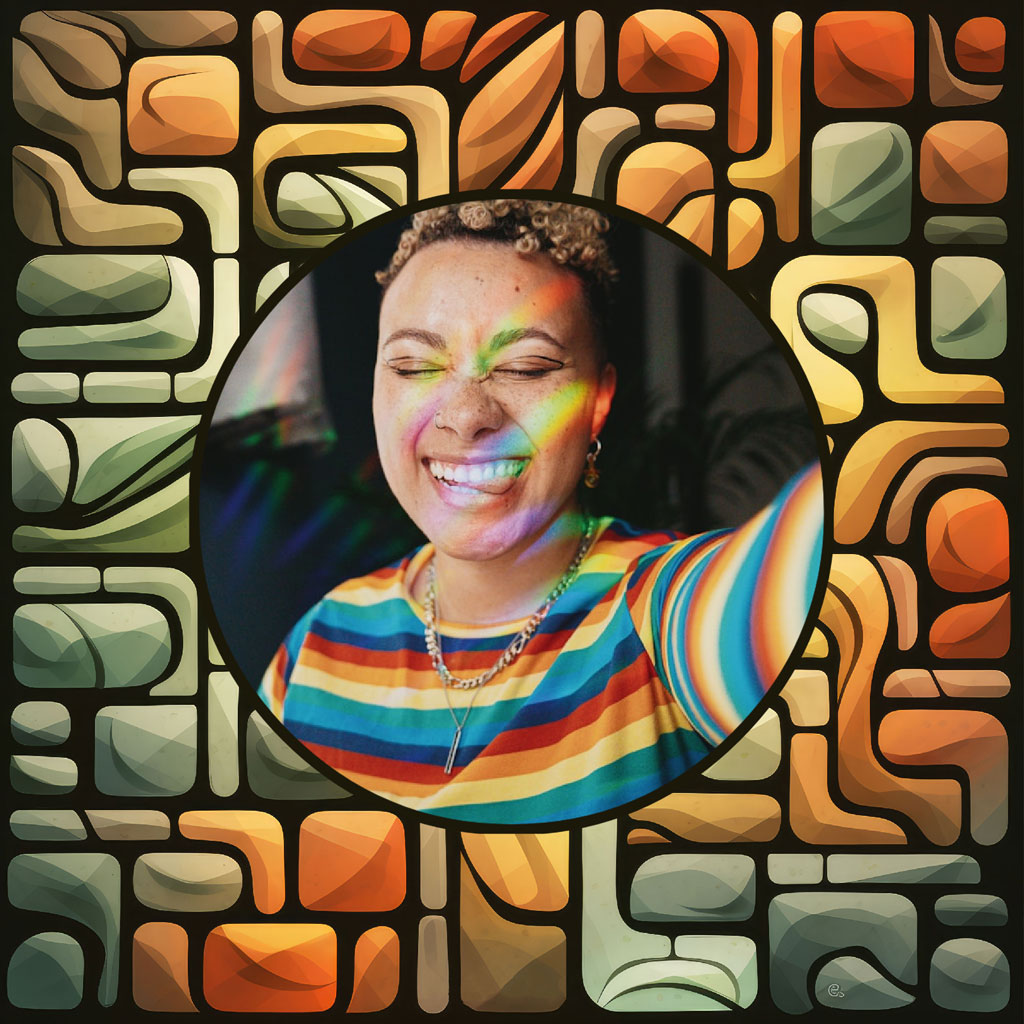 A smiling person with rainbow colors on their face and shirt.