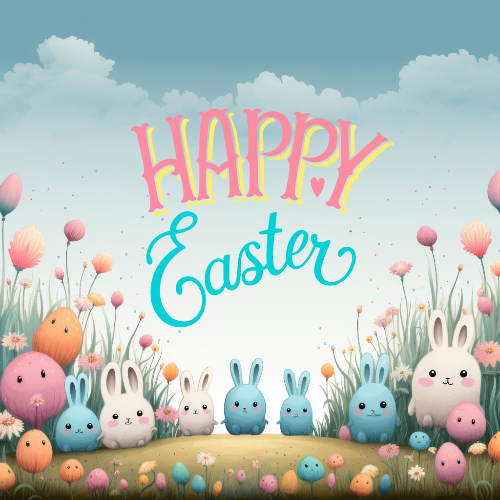 Happy Easter greeting with cartoon bunnies and eggs